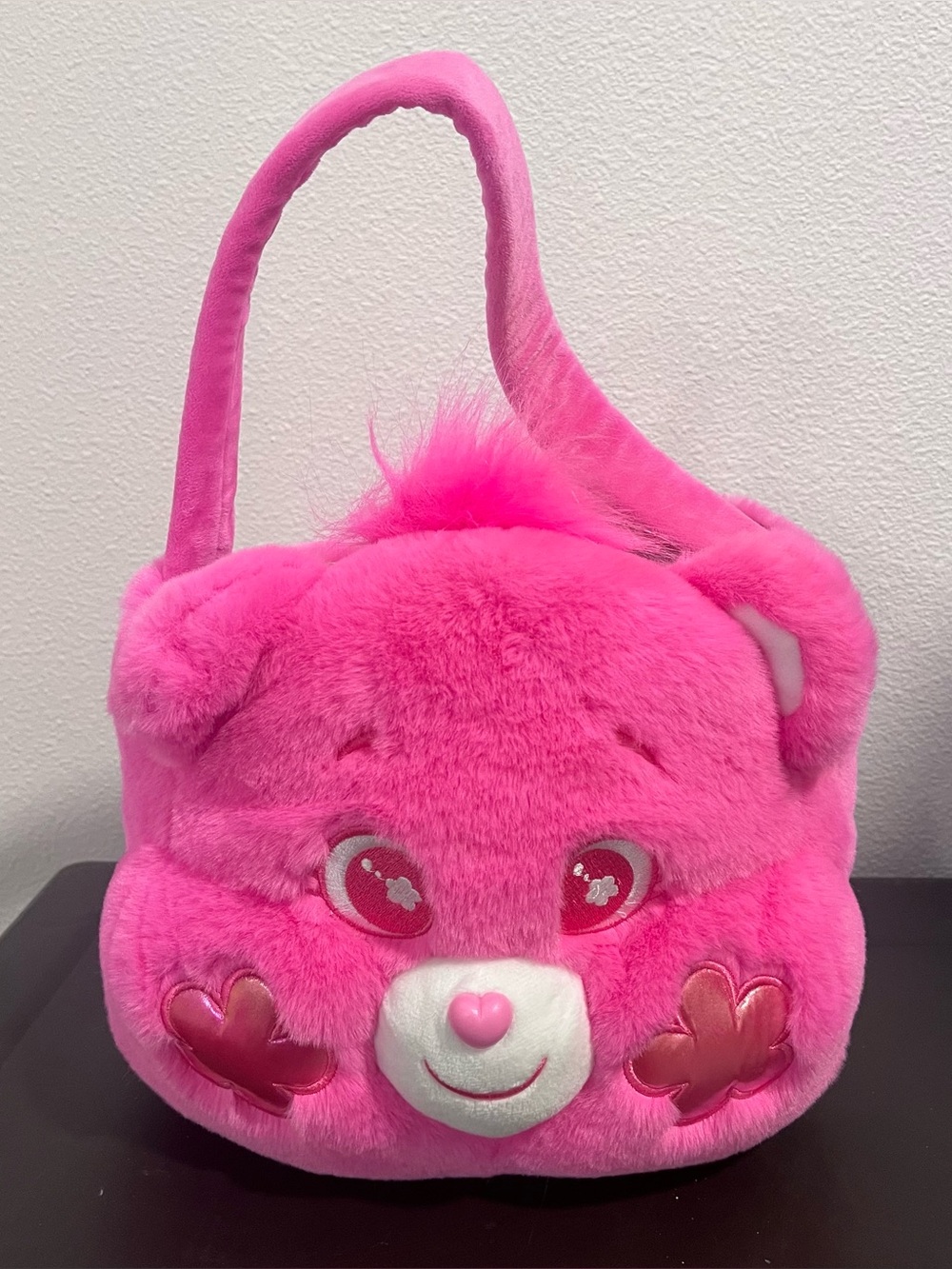 Care Bear Plush Pink Basket Handbag Halloween Candy Bag Soft Fuzzy Rainbow